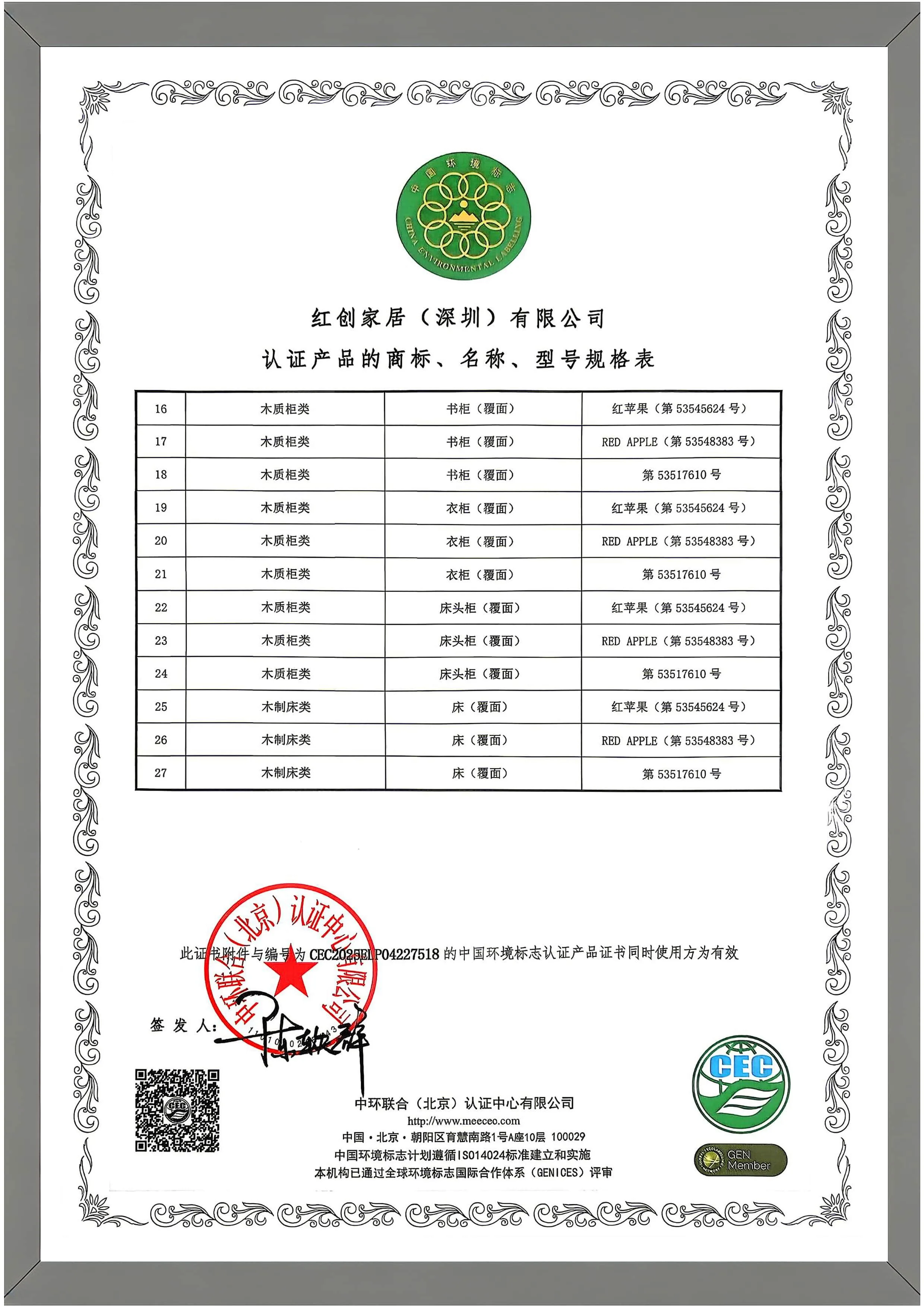 中国环境标志产品认证证书（产品明细）